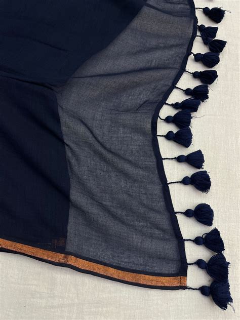 Navy Blue Copper Zari Border Mulmul Saree – The Loom Store