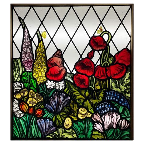Antique Leaded Glass Window with English Flowers For Sale at 1stDibs