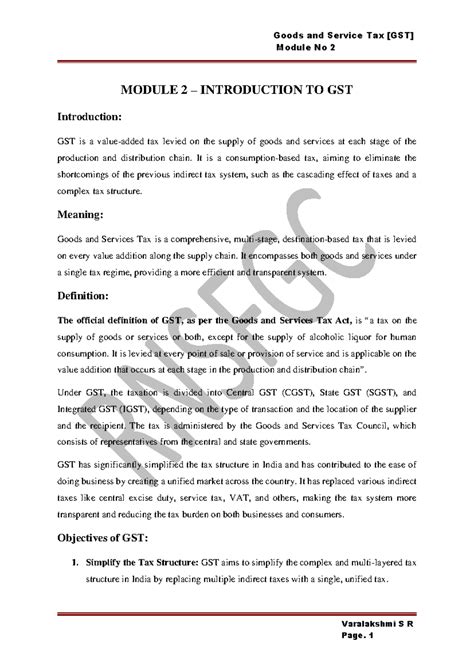 GST notes 2nd module - Module No 2 Varalakshmi S R MODULE 2 ...