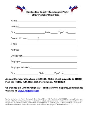 Fillable Online Hunterdon County Democratic Party 2017 Membership Form ...