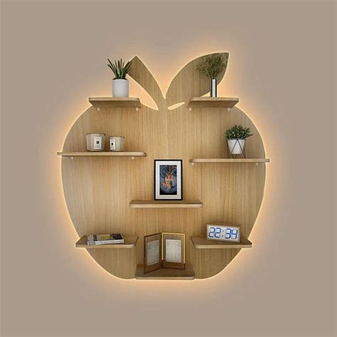 Apple Shape Backlit Designer Wooden Wall Shelf / Book Shelf / Night Li ...