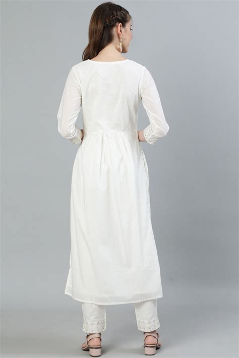 Buy Ishin Women's Off White Zari Embroidered High Slit Kurta With ...
