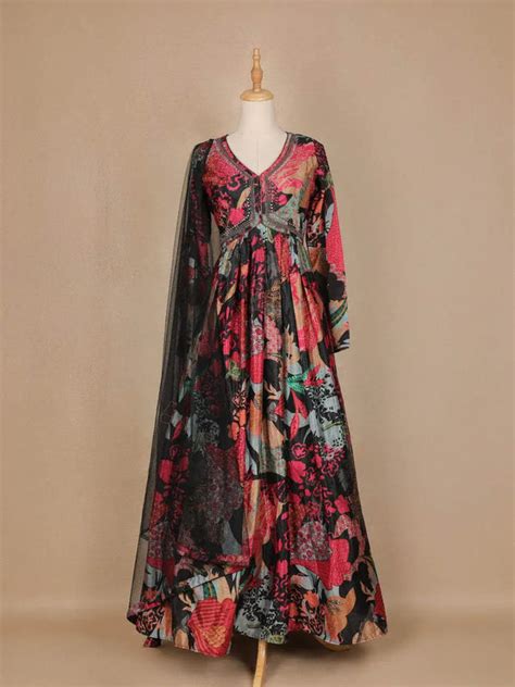 Black Abstract Printed Crepe Gown | Diadem