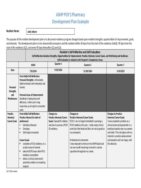 ASHP PGY1 Development Plan Template (Note Doc Template | pdfFiller