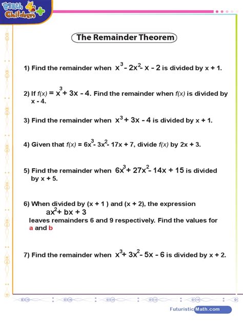 Image result for Printable Worksheet Applications of Remainder Theorem