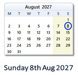 8 Aug, 2027: Holidays, Day & Date Info with Countdown - India