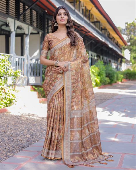 Royal Brown Procession Print Handloom Cotton Saree with Illustrated Pa ...