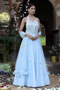Buy Blue Net, Silk Mirrors, Beads, Zari Halter Embroidered Anarkali ...