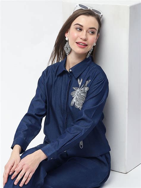 Madame Dori Embroidered Navy Blue Cotton Blend Shirt