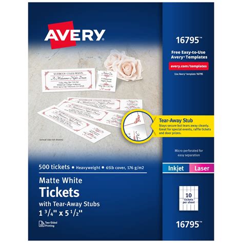 Avery Printable Tickets with Tear-Away Stubs, 1.75" x 5.5", Matte White ...