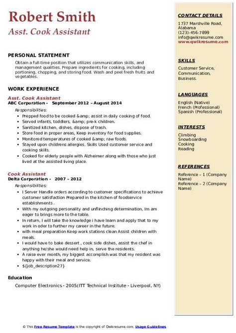 Image result for Assistant Cook Resume