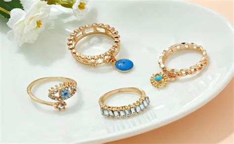 VIEN 4pcs/ Bohemian Blue Evil Eye Crystal Pavé Ring Set for Women Alloy ...