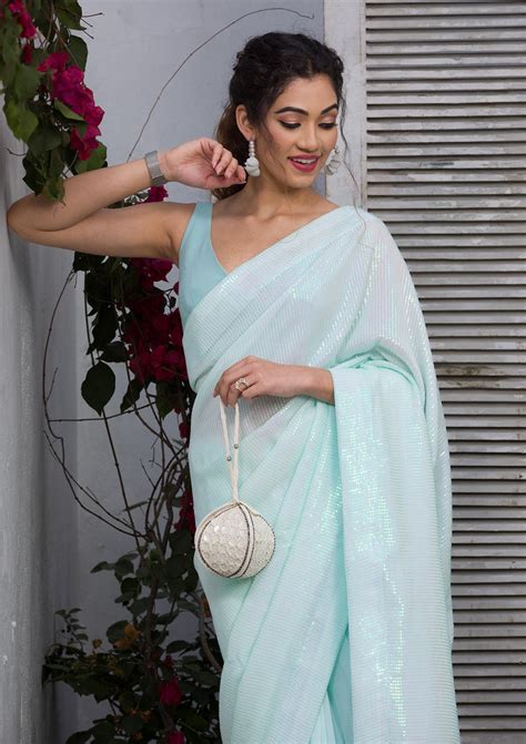 Buy Sky Blue Sequins Georgette Saree - Koskii