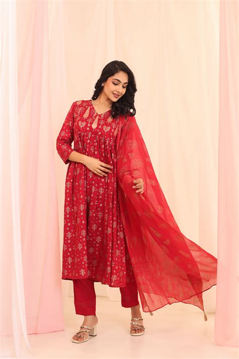 Women Rouge Red GOLD PRINT 3PC ALIA CUT SET EMBELLISHED WITH ADDA WORK ...