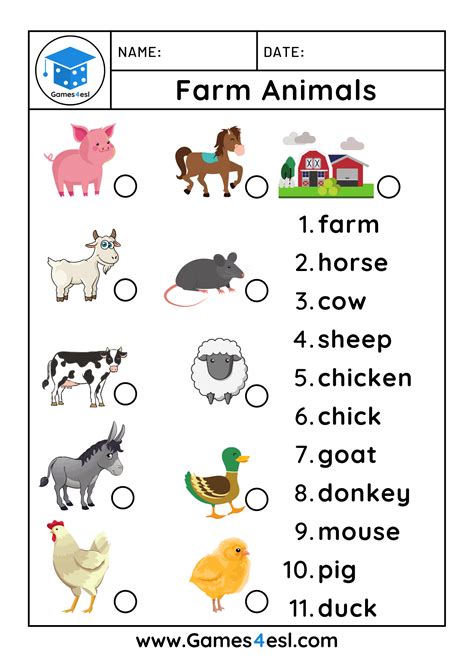 Farm Animal Worksheets | Games4esl | Animal worksheets, Farm animals preschool, Animal activities