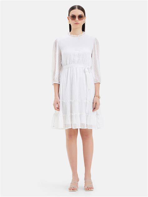 Ruffle Round Neck Mini Dress - Textured Chiffon - White – KAZO