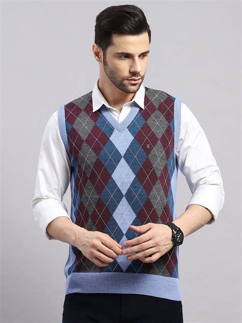Buy Luxuria Men Blue Printed V Neck Sleeveless Sweater Online in India ...