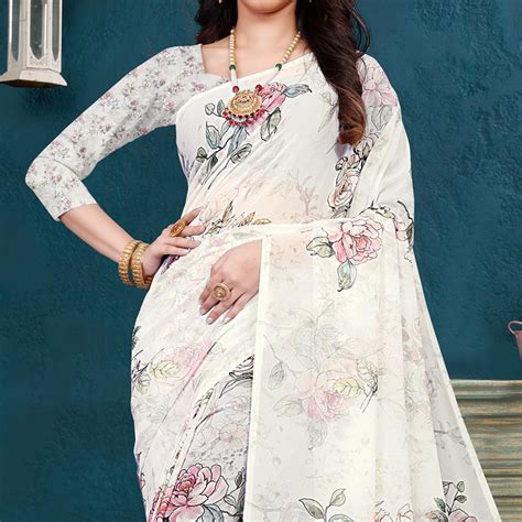 Off White Casual Wear Floral Printed Georgette Saree