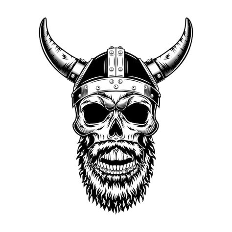 Noordse ridderschedel in gehoornde helm vectorillustratie. Monochroom ...