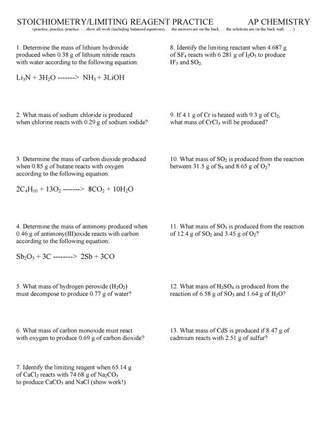 AP Chem Limiting Reagent Practice - STOICHIOMETRY/LIMITING REAGENT ...