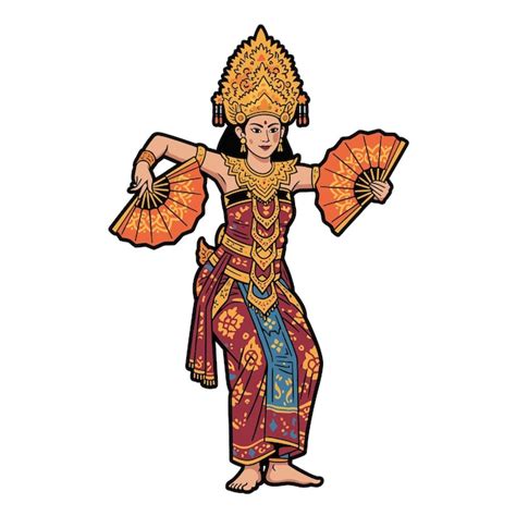 Balinese dancer performing with golden headdress and fans | Premium Vector