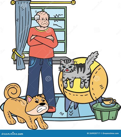 Hand Drawn Elderly Scolding Cats and Dogs Illustration in Doodle Style ...
