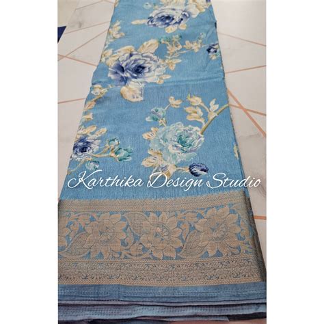 Light blue floral cotton jute saree with zari border – karthika design ...