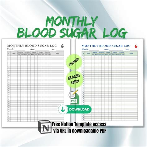 Blood Sugar Log, Monthly Blood Sugar Log, Diabetes Food Log, Monthly ...