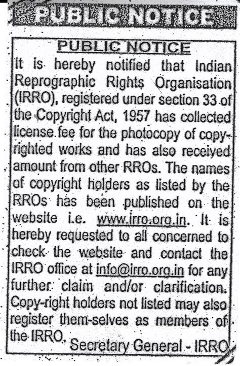 Public Notice – Indian Reprographic Rights Organisation (IRRO)