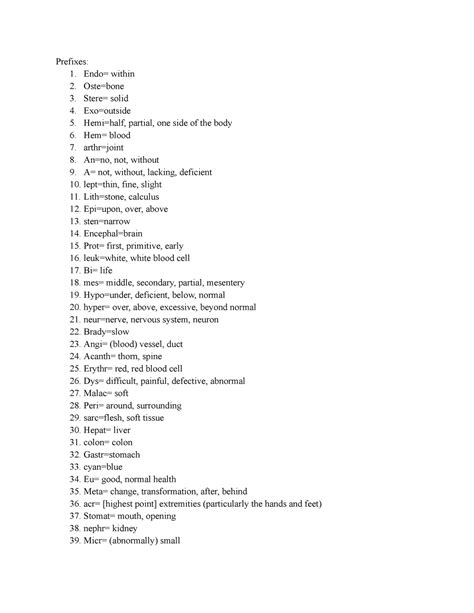 Med terms study guide - Prefixes: 1. Endo= within 2. Oste=bone 3. Stere ...