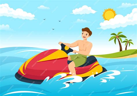 People ride jet ski illustration summer vacation recreation and beach ...