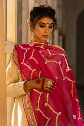 Buy Off White Chanderi, Cotton Gota Patti, Embroidery Plain Kurta Set ...