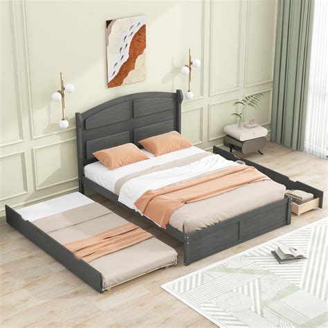 Euroco Wood Queen Size Patform Bed with Trundle and 2 Drawes for Living ...
