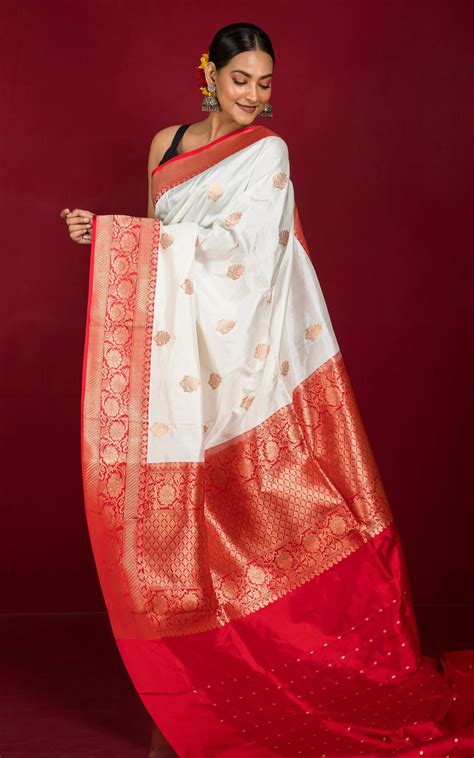 Handwoven Pure Katan Banarasi Silk Saree in White, Red and Antique Gol ...