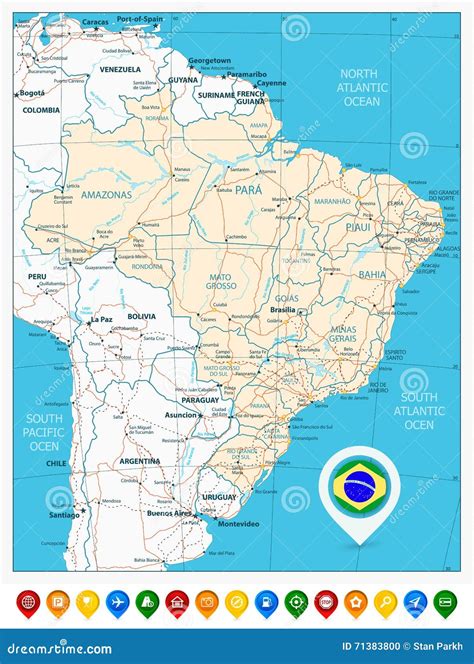Road Map of Brazil and Colored Map Pointers Stock Vector - Illustration of editable, globe: 71383800