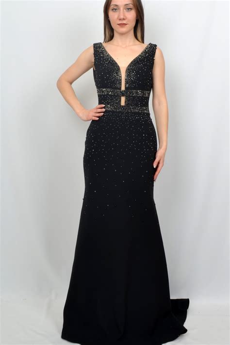 فستان سهرة طويل مزين بالخواتم السوداء | ALİS DRESS