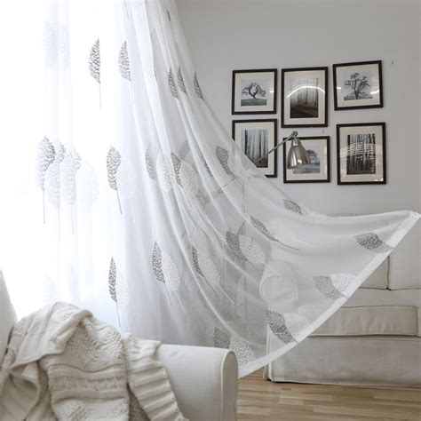Banyan Leaves Embroidered Gray & White Sheer Curtain