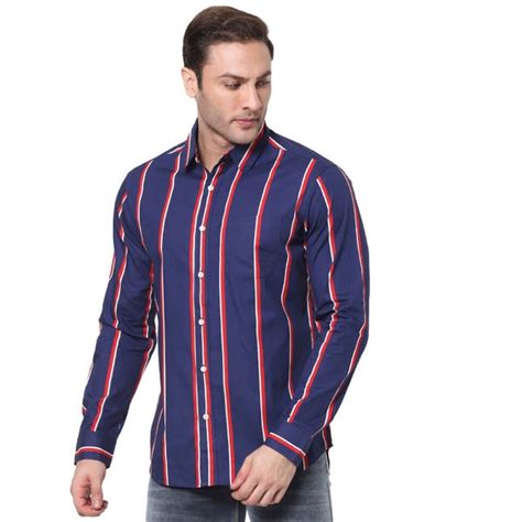 Navy Blue and Red Striped Casual Shirt (VATOM) | Celio