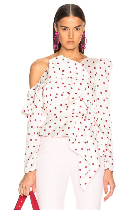 self-portrait Polka Dot Frill Top in White | FWRD