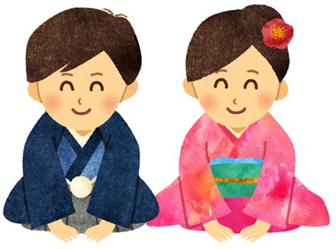 関連する画像の詳細をご覧ください。座って挨拶をする着物姿の男女のイラスト