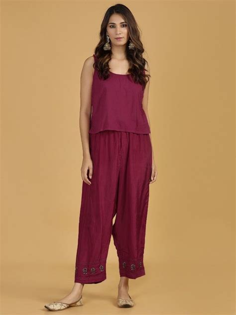 Buy Pink Embroidered Chanderi Kurta with Short Slip, Cotton Palazzo and ...