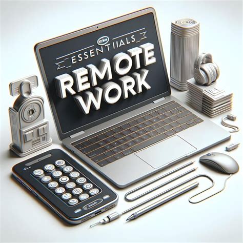 Laptop and smartphone with remote work essentials text isolated on ...