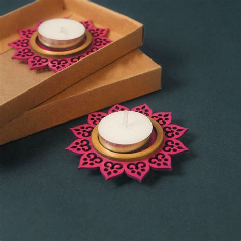 Small Handcrafted Wooden T-Light Holder | Pink | Set of 2 – ChitraChaya