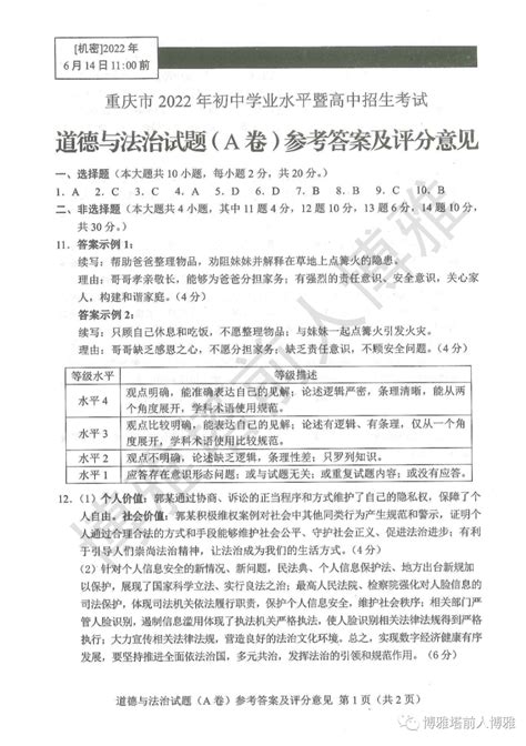 2022年重庆中考A卷评分标准及参考答案（官方版）_平台_信息_满分