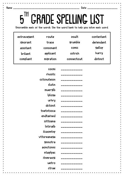 Spelling Words For 5th Grade Free Printable