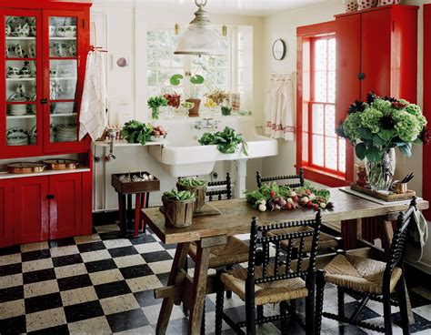 Country Kitchen with Bold Red Cabinets - Interiors By Color