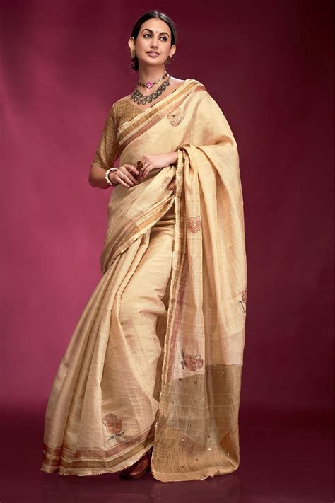 Buy Butter Cream Woven Tussar Silk Saree Online - MySilkLove