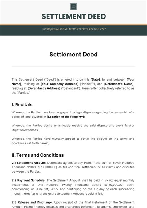 Free Settlement Deed Template to Edit Online