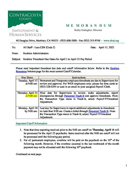 Fechas de vencimiento de la hoja de horas de Ecotime para el período de pago del 1 al 15 de ...
