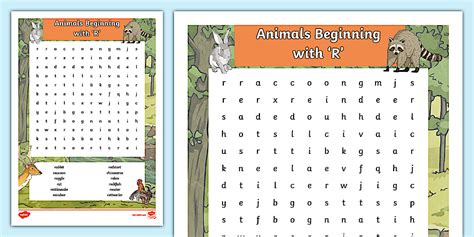 Animals Beginning with Letter 'R' Word Search